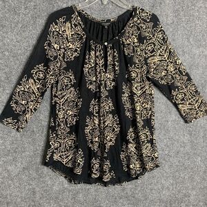 Lucky Brand Rayon Pullover Top Women M Black Tan Design  Hi Low Scoop Neck W/Key